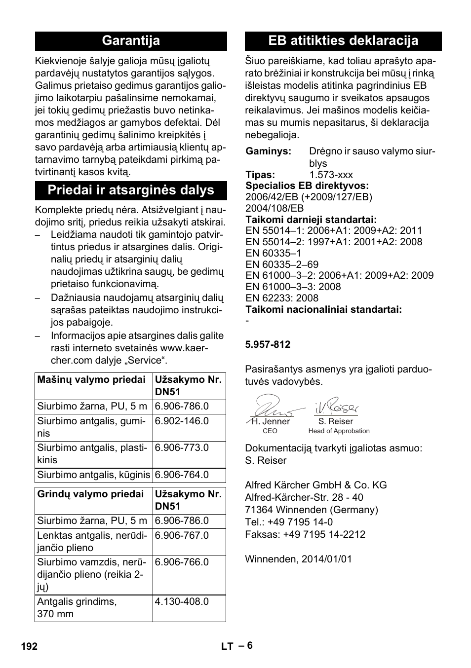 Garantija, Priedai ir atsarginės dalys, Eb atitikties deklaracija | Garantija priedai ir atsarginės dalys | Karcher IVL 120-27-1 User Manual | Page 192 / 204