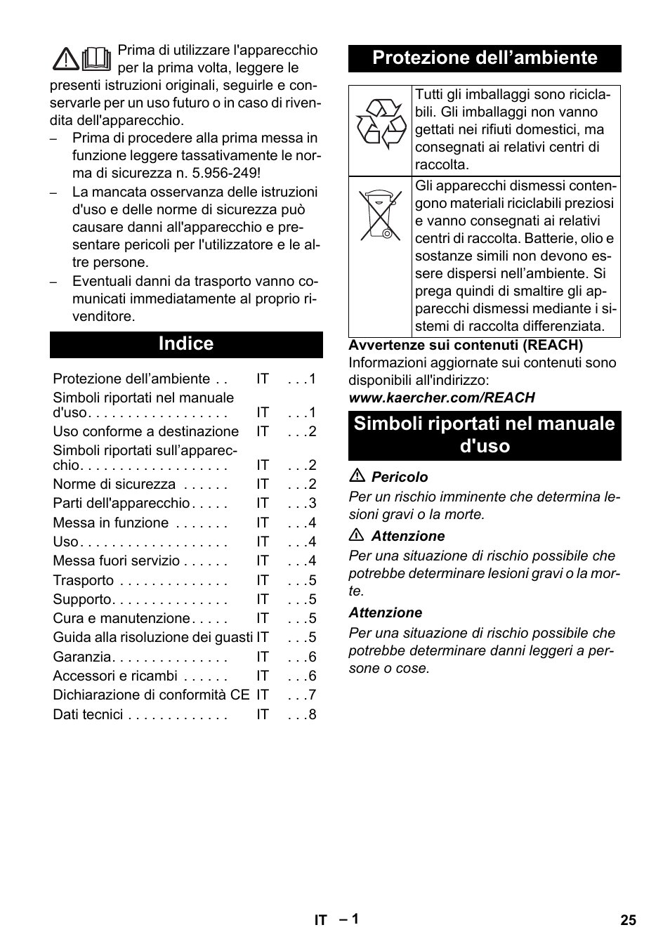 Italiano, Indice, Protezione dell’ambiente | Simboli riportati nel manuale d'uso | Karcher IVL 120-27-1 User Manual | Page 25 / 204