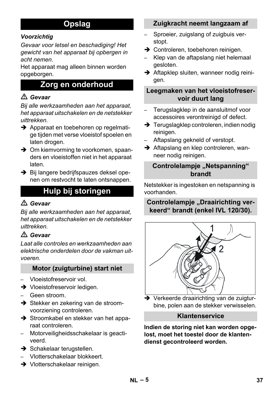 Opslag, Zorg en onderhoud, Hulp bij storingen | Motor (zuigturbine) start niet, Zuigkracht neemt langzaam af, Leegmaken van het vloeistofreservoir duurt lang, Controlelampje „netspanning“ brandt, Klantenservice, Opslag zorg en onderhoud hulp bij storingen | Karcher IVL 120-27-1 User Manual | Page 37 / 204