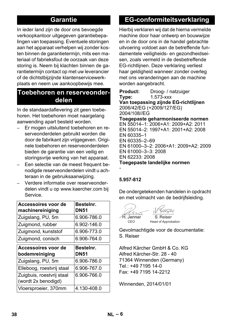 Garantie, Toebehoren en reserveonderdelen, Eg-conformiteitsverklaring | Garantie toebehoren en reserveonder- delen | Karcher IVL 120-27-1 User Manual | Page 38 / 204