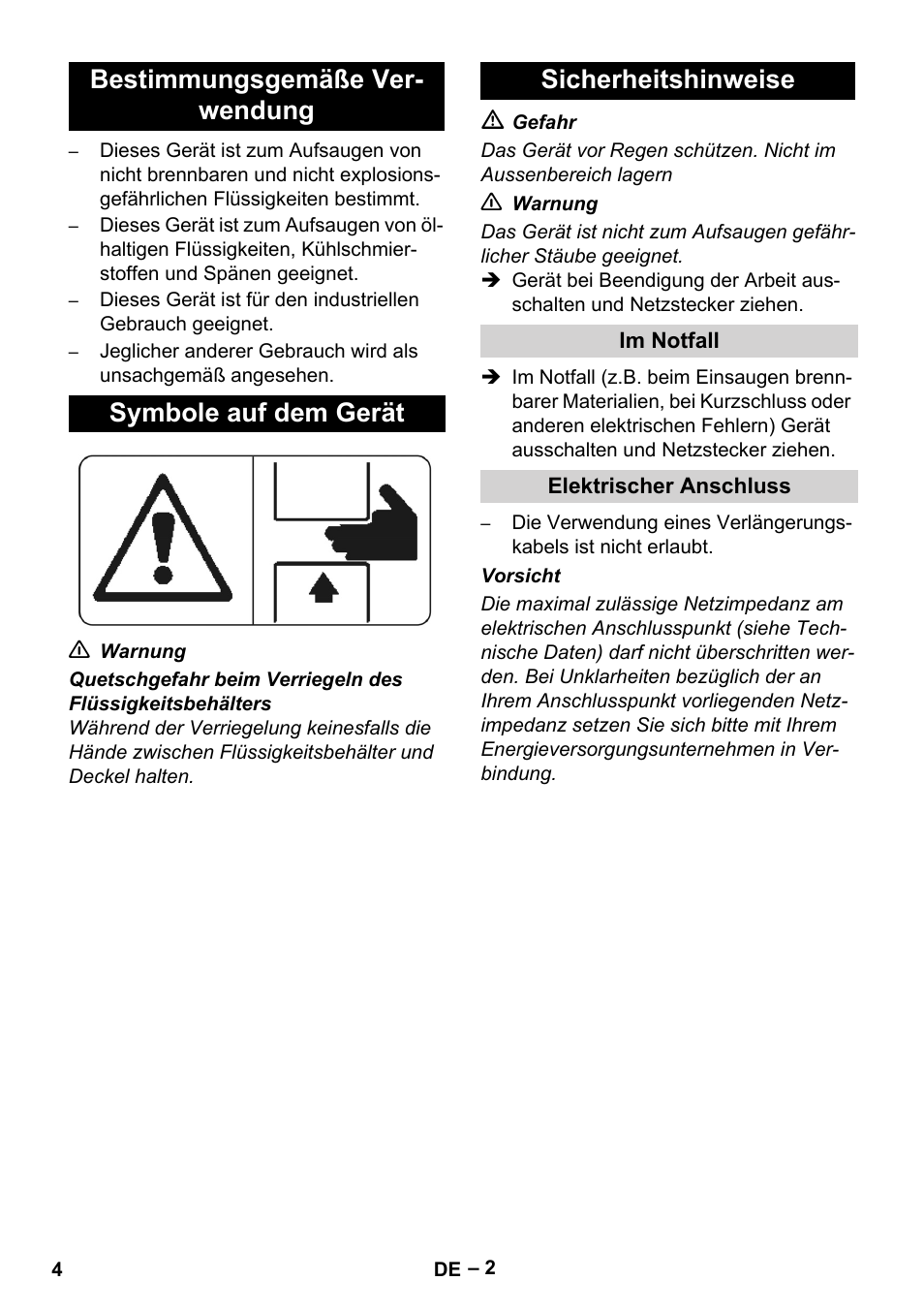 Bestimmungsgemäße verwendung, Symbole auf dem gerät, Sicherheitshinweise | Im notfall, Elektrischer anschluss | Karcher IVL 120-27-1 User Manual | Page 4 / 204