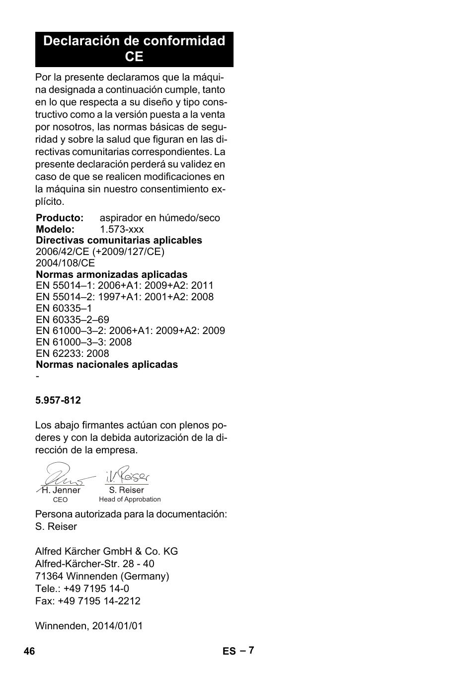 Declaración de conformidad ce | Karcher IVL 120-27-1 User Manual | Page 46 / 204