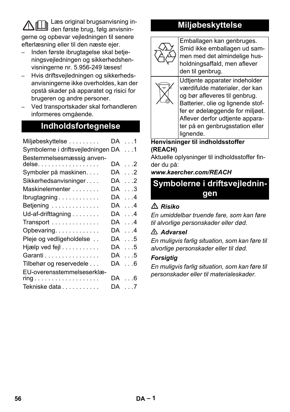 Dansk, Indholdsfortegnelse, Miljøbeskyttelse | Symbolerne i driftsvejledningen, Symbolerne i driftsvejlednin- gen | Karcher IVL 120-27-1 User Manual | Page 56 / 204