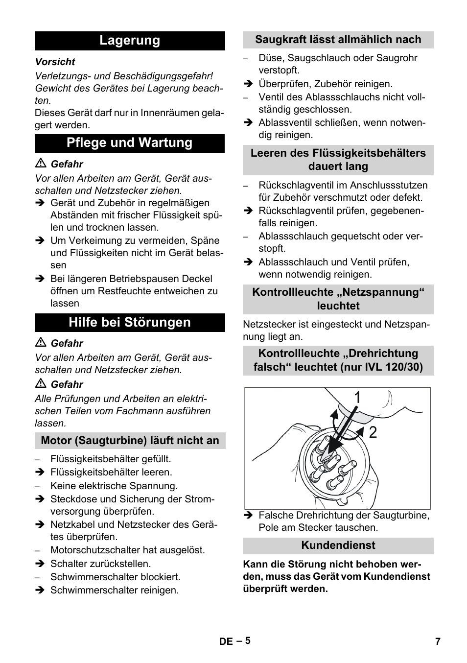 Lagerung, Pflege und wartung, Hilfe bei störungen | Motor (saugturbine) läuft nicht an, Saugkraft lässt allmählich nach, Leeren des flüssigkeitsbehälters dauert lang, Kontrollleuchte „netzspannung“ leuchtet, Kundendienst, Lagerung pflege und wartung hilfe bei störungen | Karcher IVL 120-27-1 User Manual | Page 7 / 204