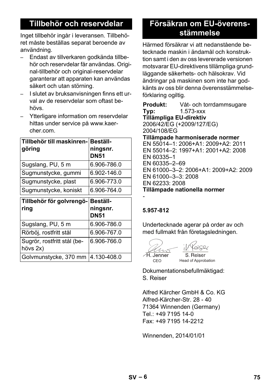 Tillbehör och reservdelar, Försäkran om eu-överensstämmelse, Försäkran om eu-överens- stämmelse | Karcher IVL 120-27-1 User Manual | Page 75 / 204