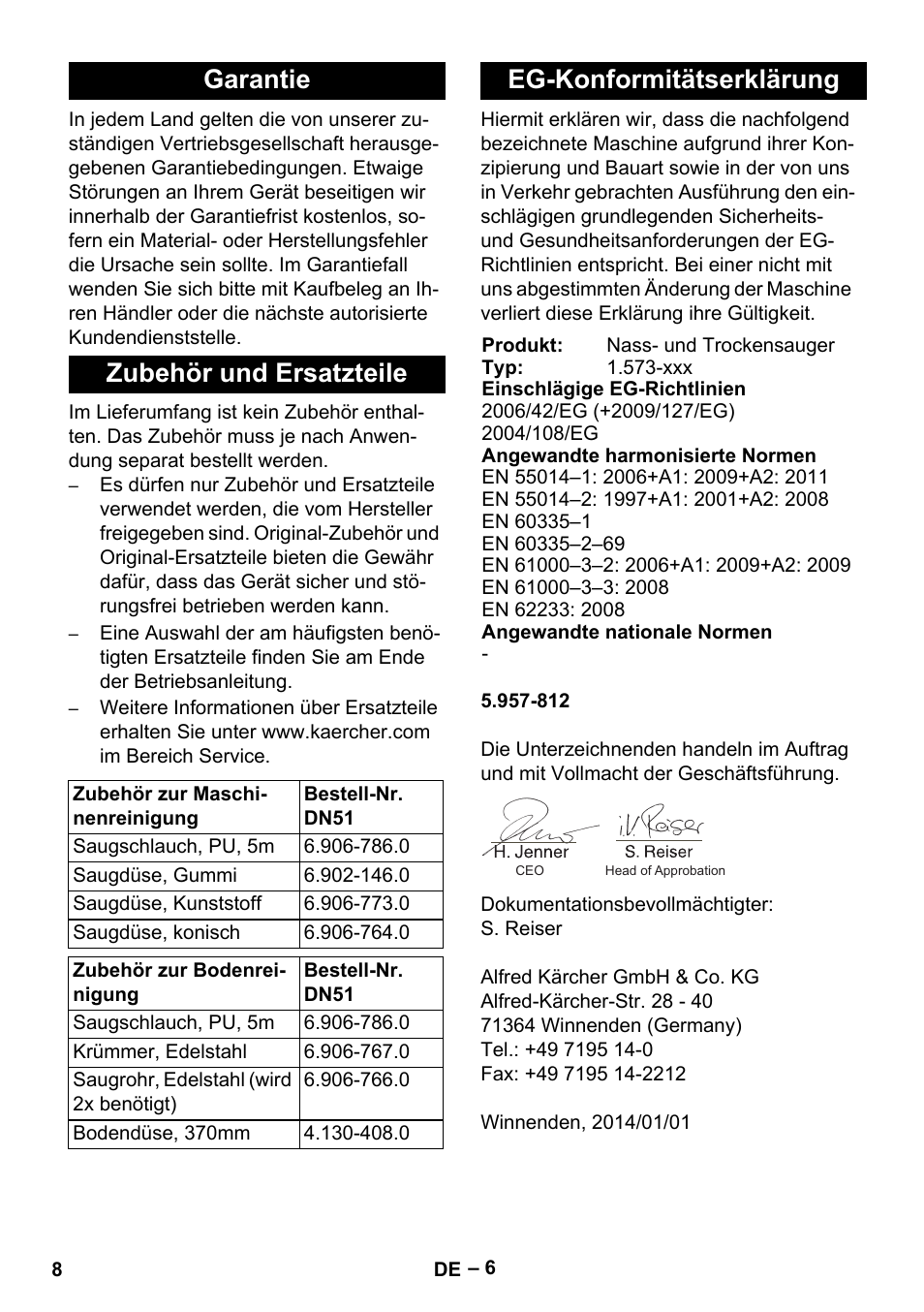 Garantie, Zubehör und ersatzteile, Eg-konformitätserklärung | Garantie zubehör und ersatzteile | Karcher IVL 120-27-1 User Manual | Page 8 / 204