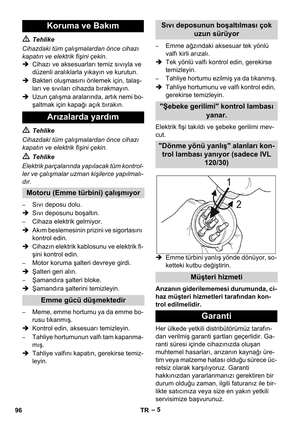 Koruma ve bakım, Arızalarda yardım, Motoru (emme türbini) çalışmıyor | Emme gücü düşmektedir, Sıvı deposunun boşaltılması çok uzun sürüyor, Şebeke gerilimi" kontrol lambası yanar, Müşteri hizmeti, Garanti, Koruma ve bakım arızalarda yardım | Karcher IVL 120-27-1 User Manual | Page 96 / 204