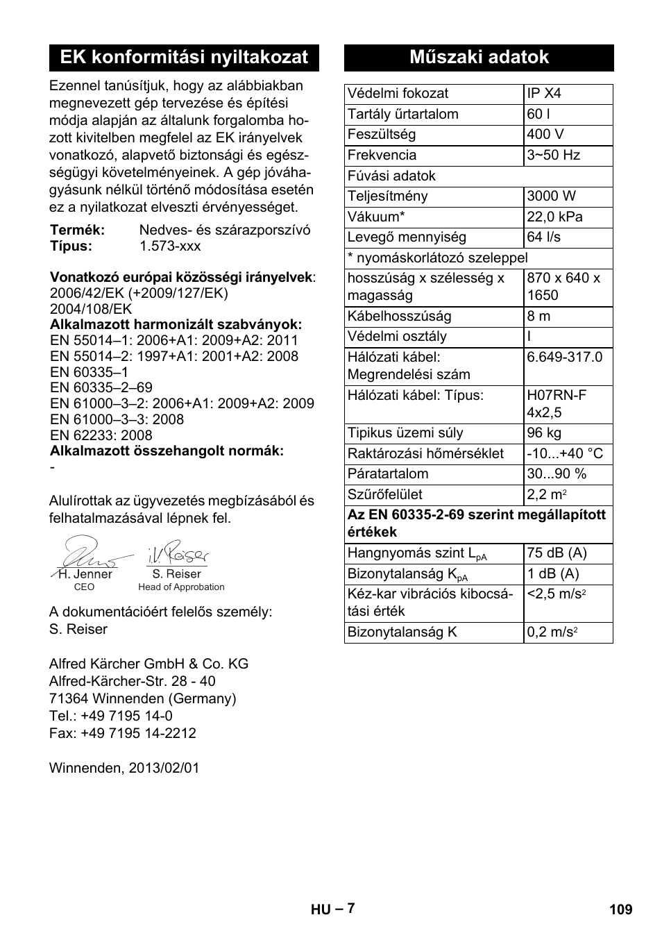 Ek konformitási nyiltakozat, Műszaki adatok | Karcher IV 60-30 User Manual | Page 109 / 196