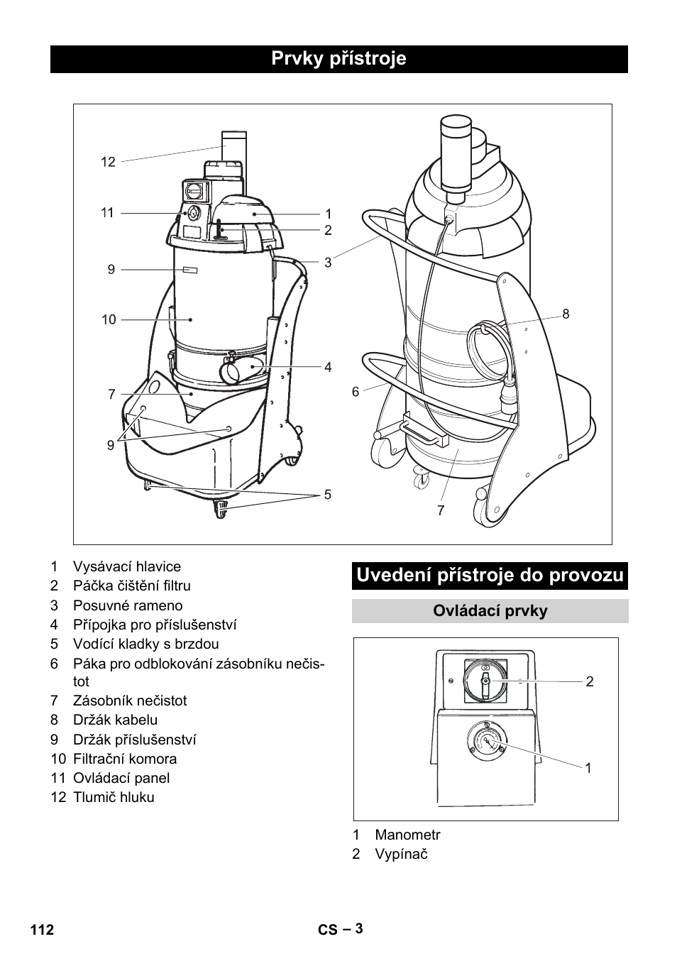 Prvky přístroje, Uvedení přístroje do provozu, Ovládací prvky | Prvky přístroje uvedení přístroje do provozu | Karcher IV 60-30 User Manual | Page 112 / 196