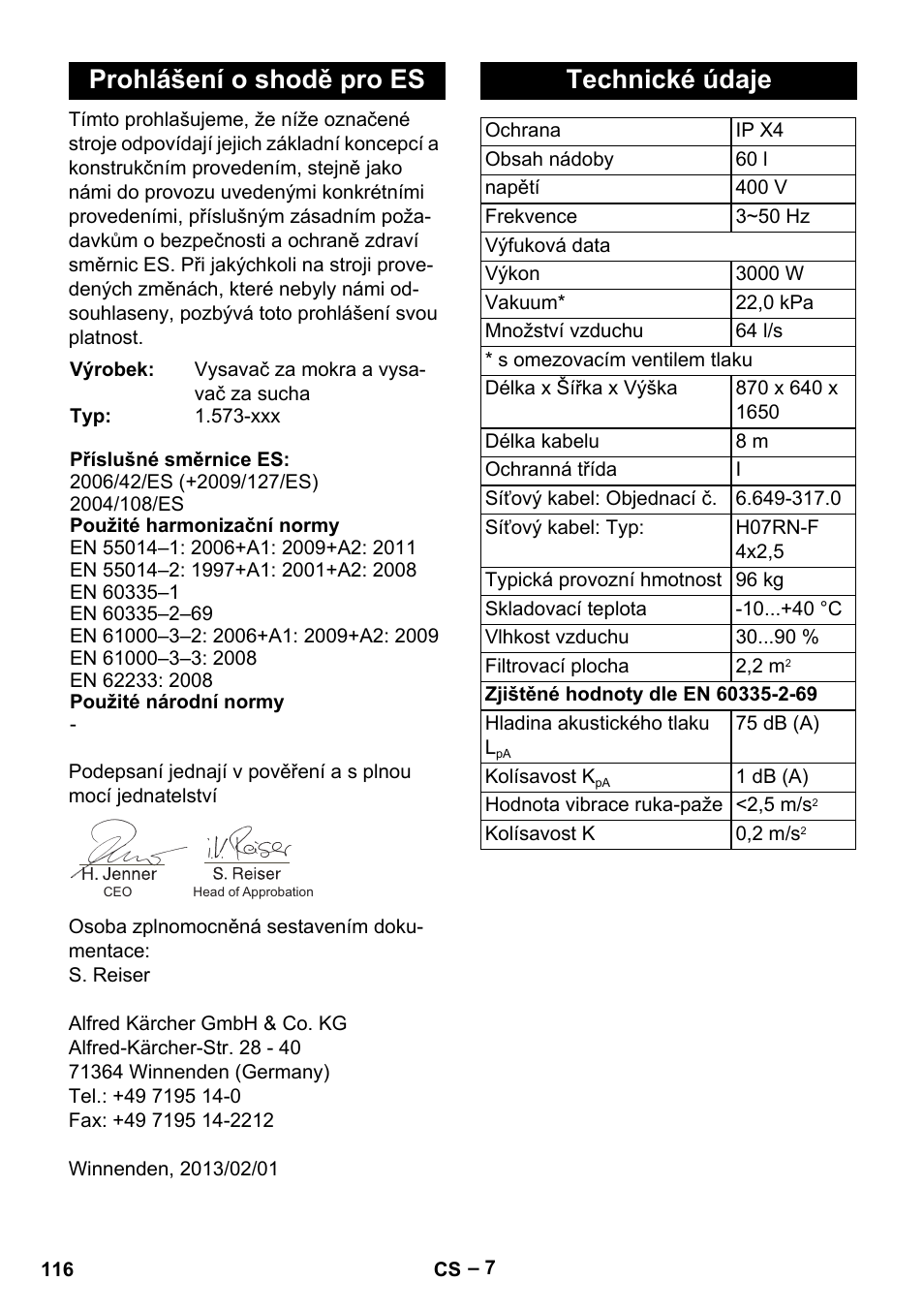 Prohlášení o shodě pro es, Technické údaje | Karcher IV 60-30 User Manual | Page 116 / 196