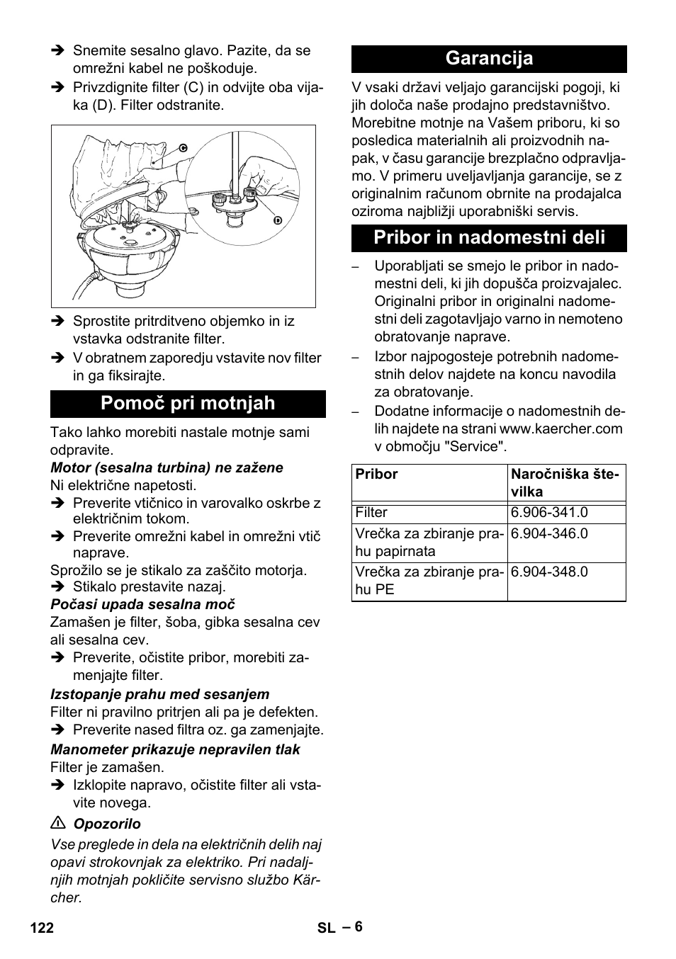 Pomoč pri motnjah, Garancija, Pribor in nadomestni deli | Karcher IV 60-30 User Manual | Page 122 / 196