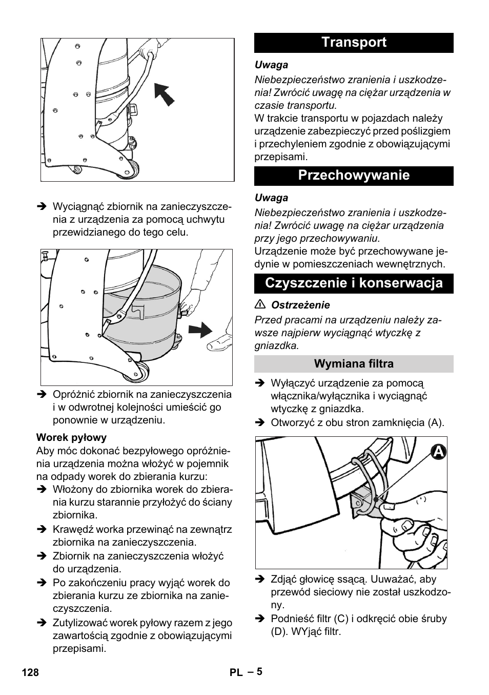 Worek pyłowy, Transport, Przechowywanie | Czyszczenie i konserwacja, Wymiana filtra, Transport przechowywanie czyszczenie i konserwacja | Karcher IV 60-30 User Manual | Page 128 / 196