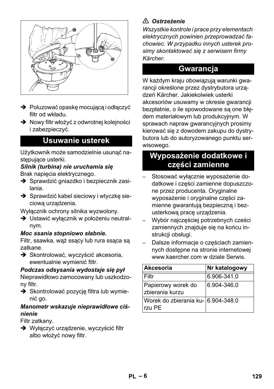 Usuwanie usterek, Gwarancja, Wyposażenie dodatkowe i części zamienne | Karcher IV 60-30 User Manual | Page 129 / 196