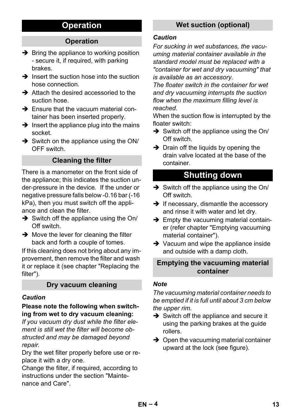 Operation, Cleaning the filter, Dry vacuum cleaning | Wet suction (optional), Shutting down, Emptying the vacuuming material container | Karcher IV 60-30 User Manual | Page 13 / 196