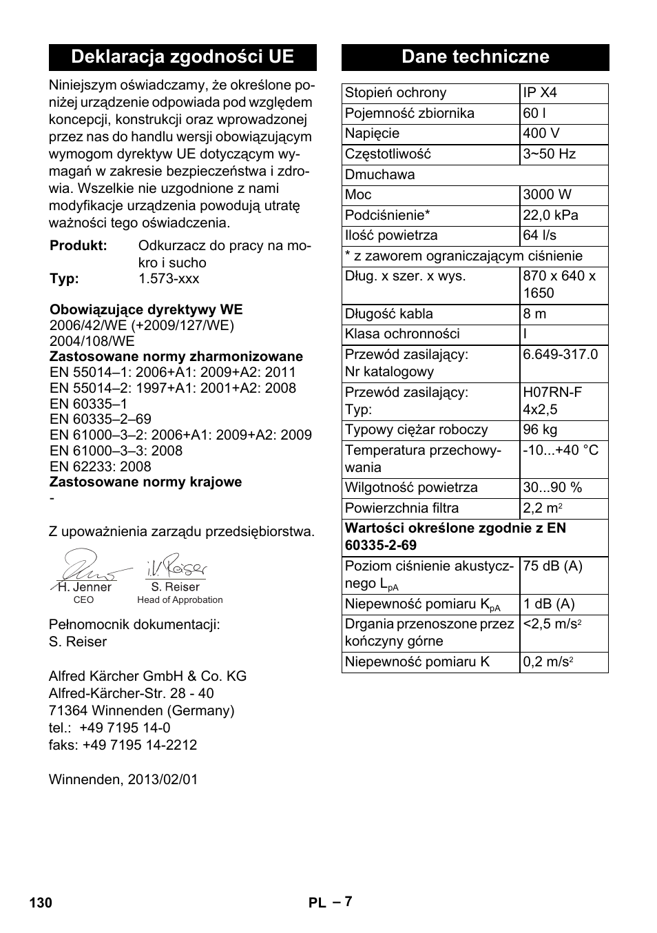 Deklaracja zgodności ue, Dane techniczne | Karcher IV 60-30 User Manual | Page 130 / 196