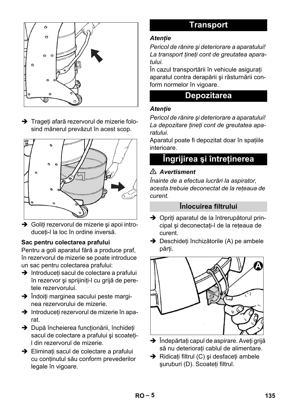 Sac pentru colectarea prafului, Transport, Depozitarea | Îngrijirea şi întreţinerea, Înlocuirea filtrului, Transport depozitarea îngrijirea şi întreţinerea | Karcher IV 60-30 User Manual | Page 135 / 196