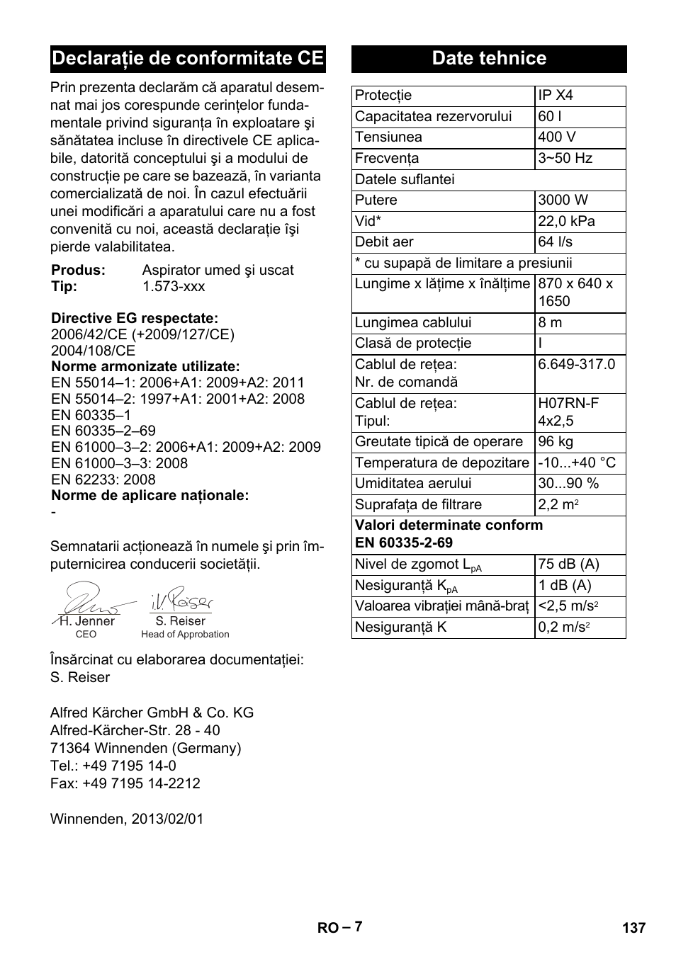 Declaraţie de conformitate ce, Date tehnice | Karcher IV 60-30 User Manual | Page 137 / 196