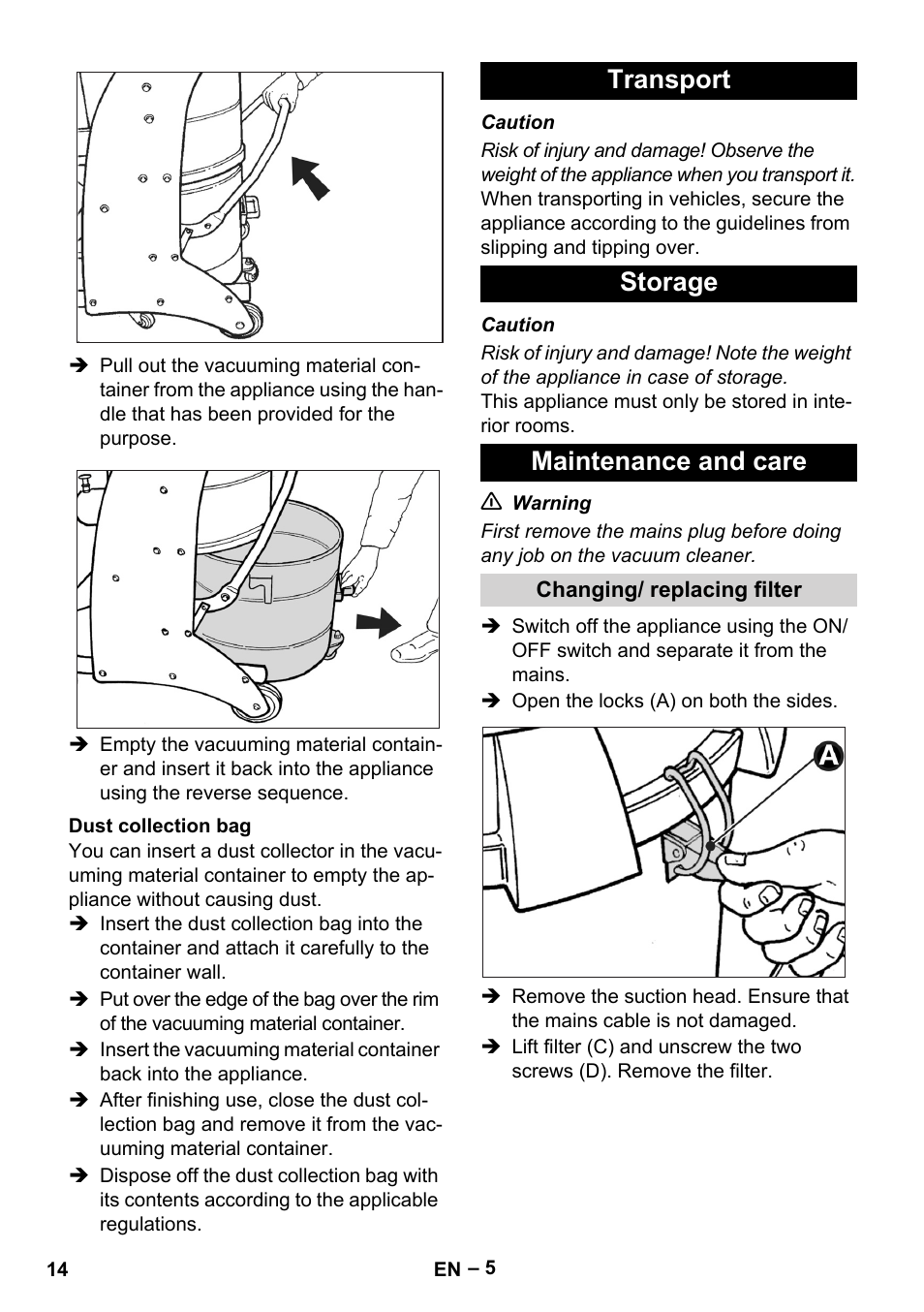Dust collection bag, Transport, Storage | Maintenance and care, Changing/ replacing filter, Transport storage maintenance and care | Karcher IV 60-30 User Manual | Page 14 / 196