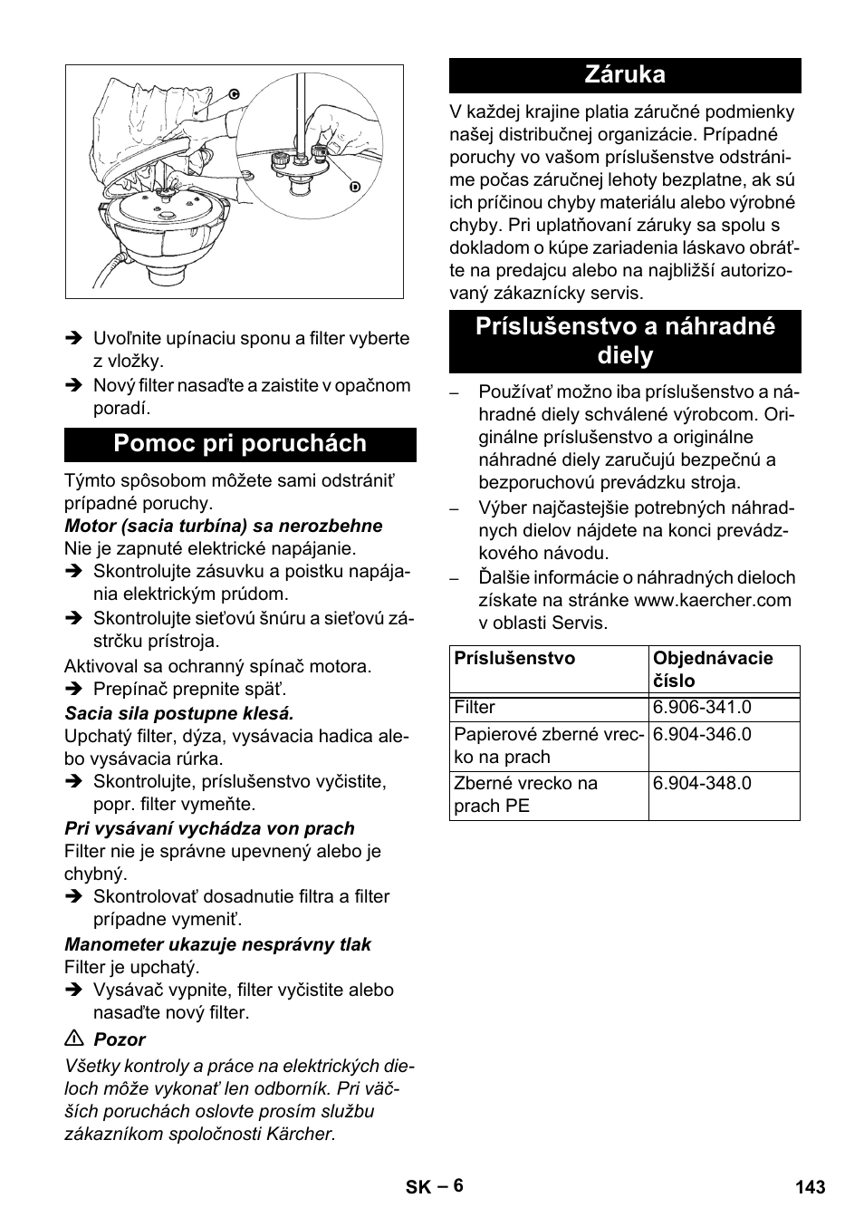 Pomoc pri poruchách, Záruka, Príslušenstvo a náhradné diely | Karcher IV 60-30 User Manual | Page 143 / 196