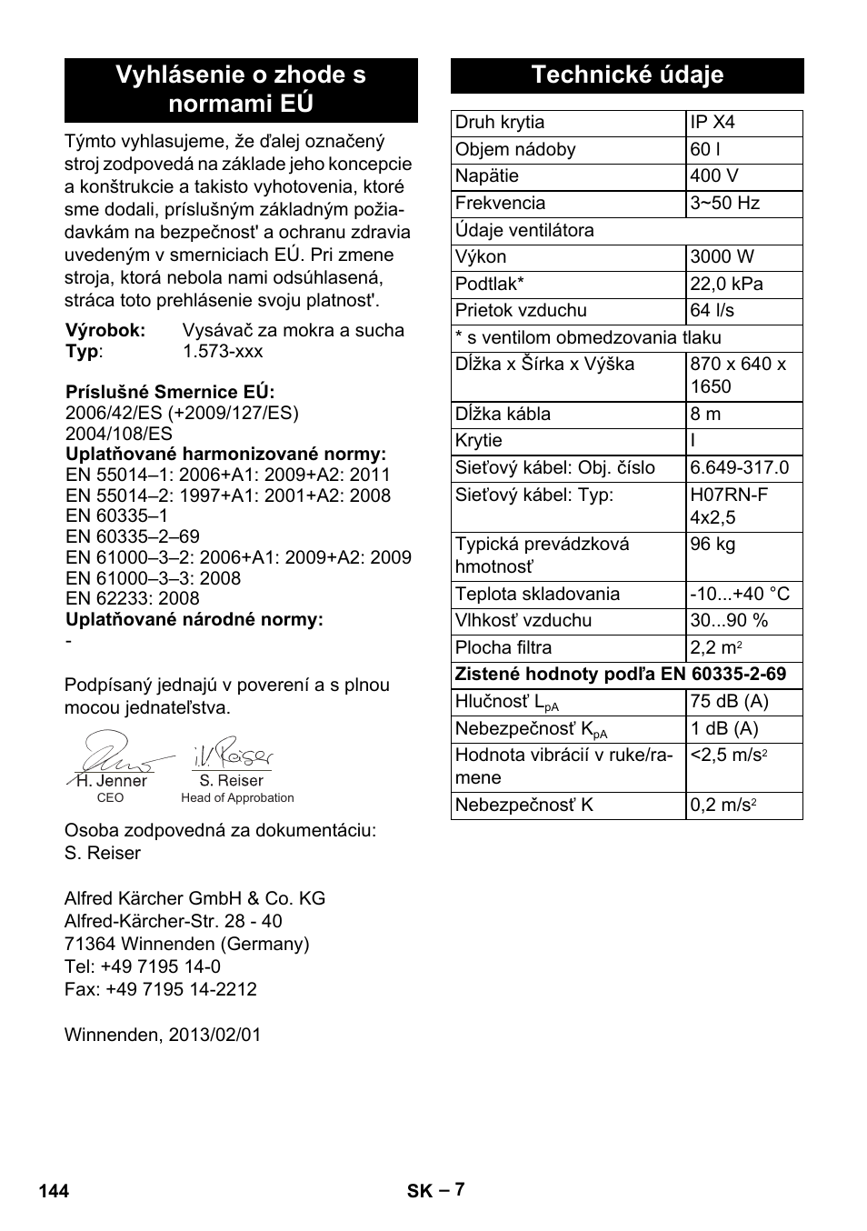 Vyhlásenie o zhode s normami eú, Technické údaje | Karcher IV 60-30 User Manual | Page 144 / 196
