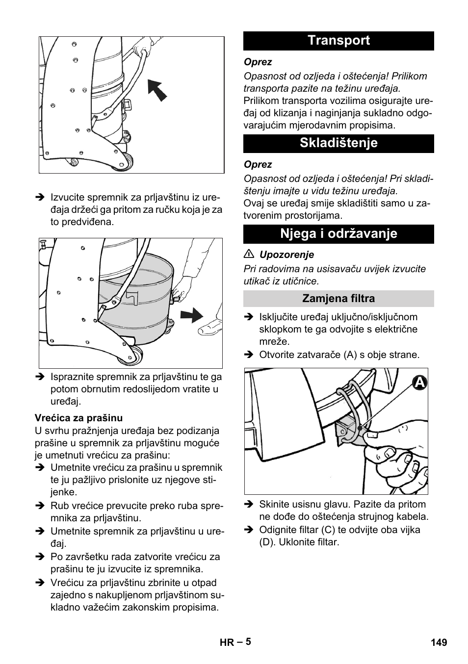 Vrećica za prašinu, Transport, Skladištenje | Njega i održavanje, Zamjena filtra, Transport skladištenje njega i održavanje | Karcher IV 60-30 User Manual | Page 149 / 196