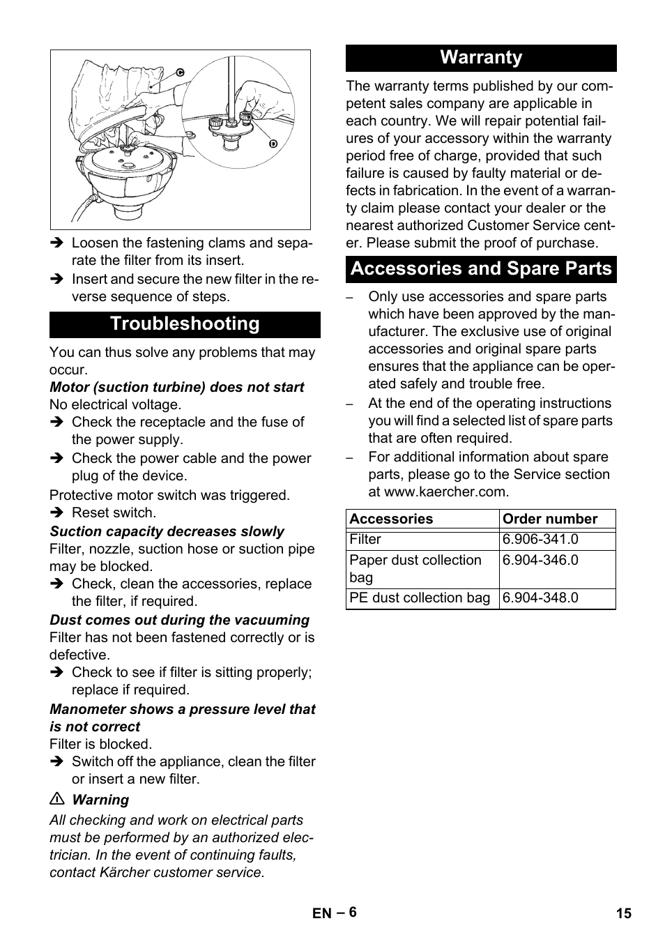 Troubleshooting, Warranty, Accessories and spare parts | Karcher IV 60-30 User Manual | Page 15 / 196