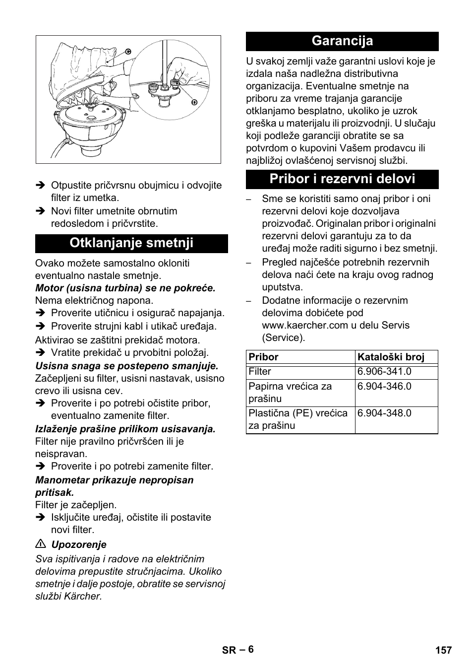 Otklanjanje smetnji, Garancija, Pribor i rezervni delovi | Karcher IV 60-30 User Manual | Page 157 / 196