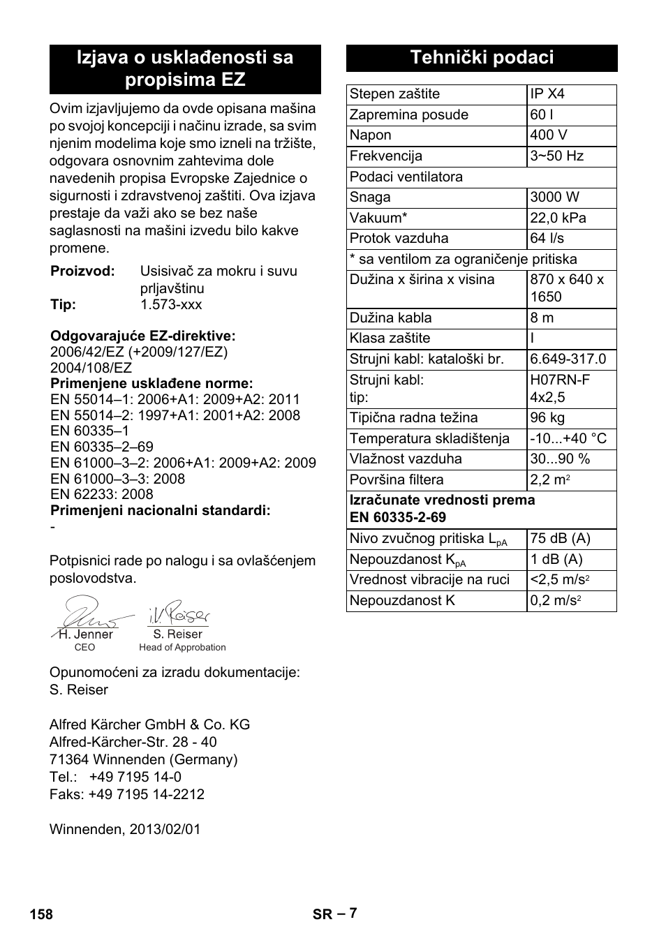 Izjava o usklađenosti sa propisima ez, Tehnički podaci | Karcher IV 60-30 User Manual | Page 158 / 196