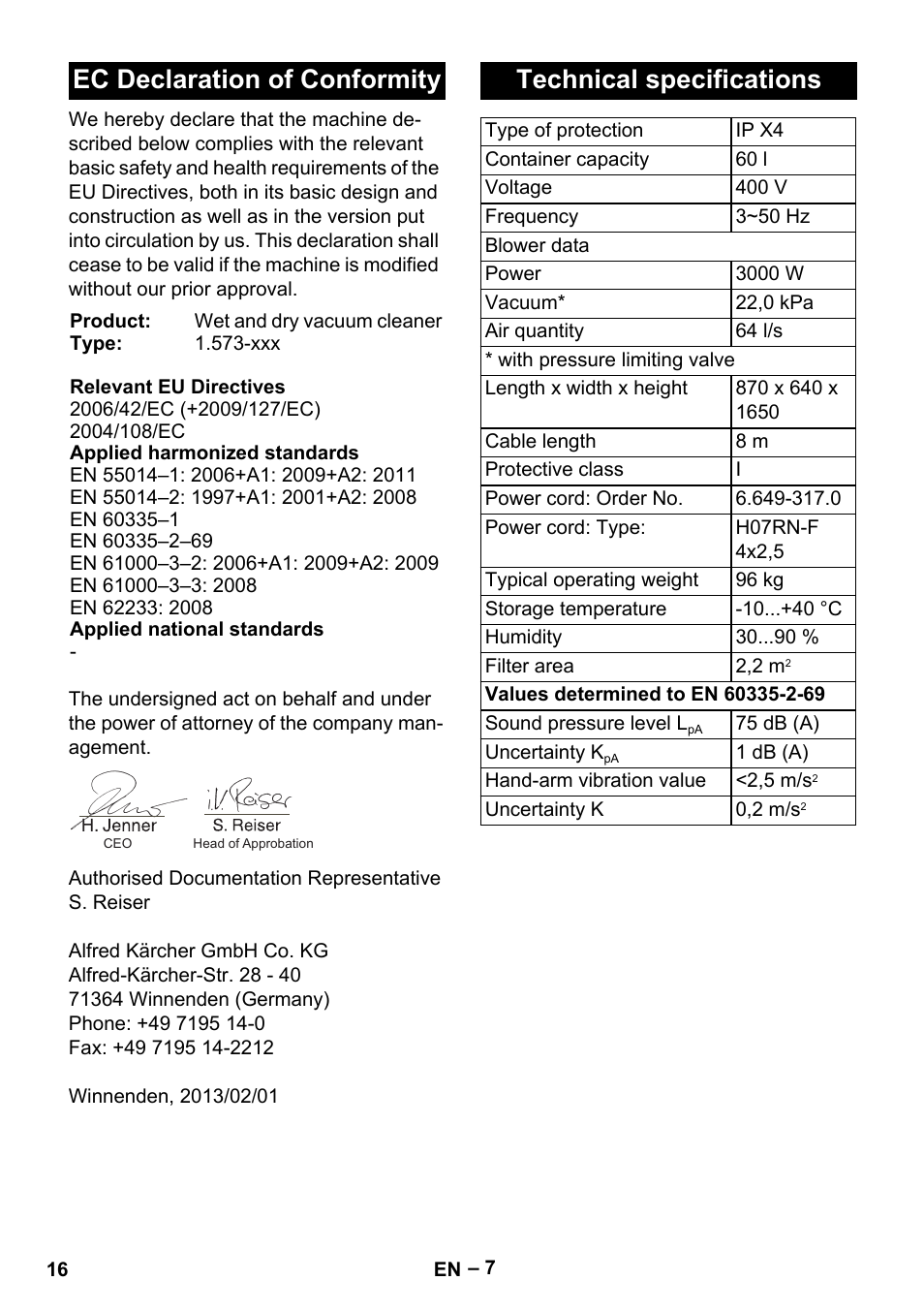 Ec declaration of conformity, Technical specifications | Karcher IV 60-30 User Manual | Page 16 / 196