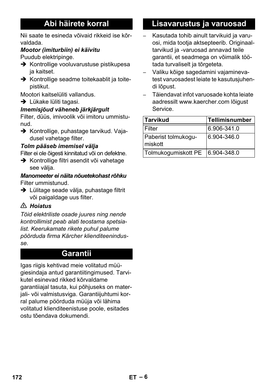 Abi häirete korral, Garantii, Lisavarustus ja varuosad | Karcher IV 60-30 User Manual | Page 172 / 196