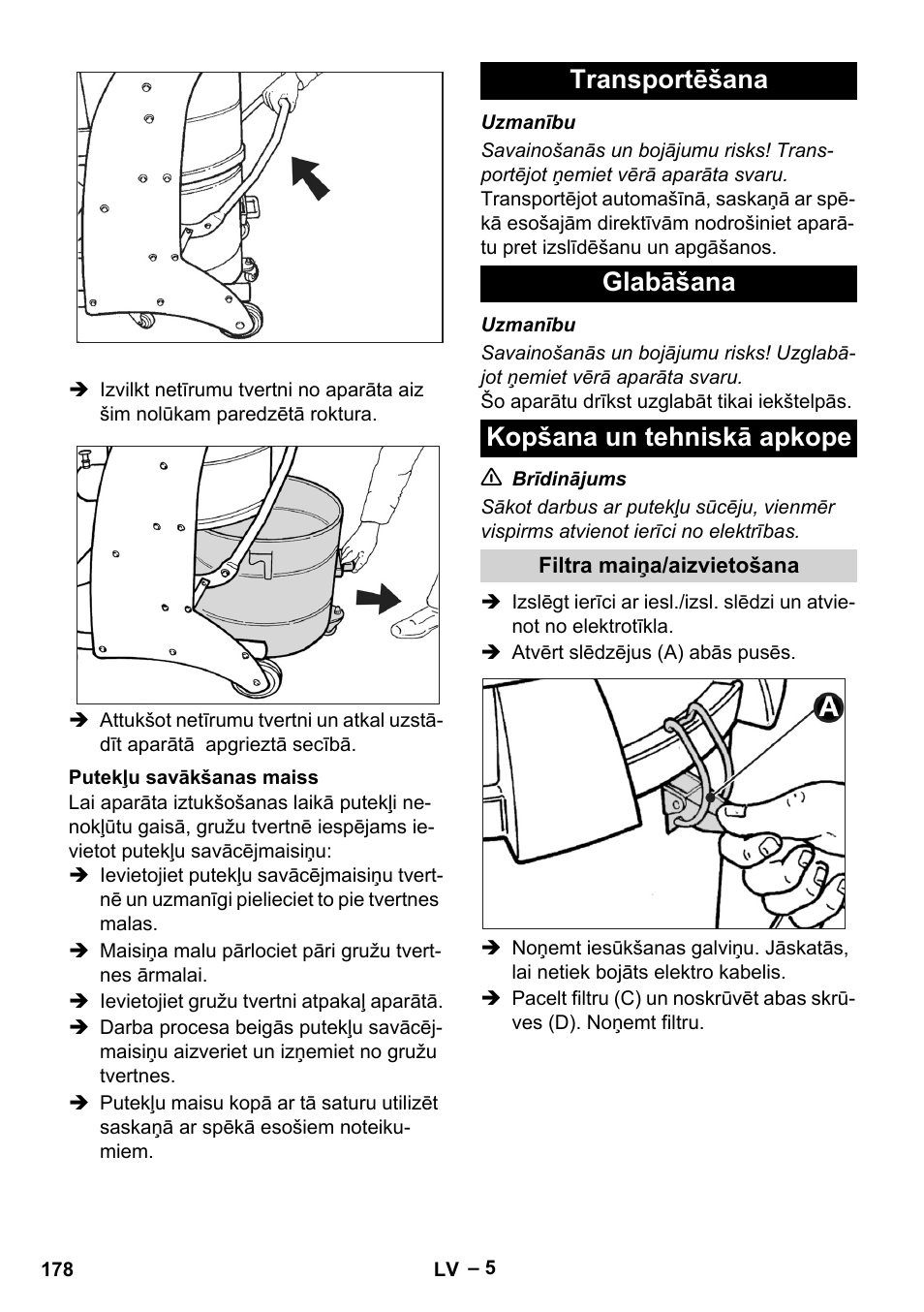 Putekļu savākšanas maiss, Transportēšana, Glabāšana | Kopšana un tehniskā apkope, Filtra maiņa/aizvietošana | Karcher IV 60-30 User Manual | Page 178 / 196