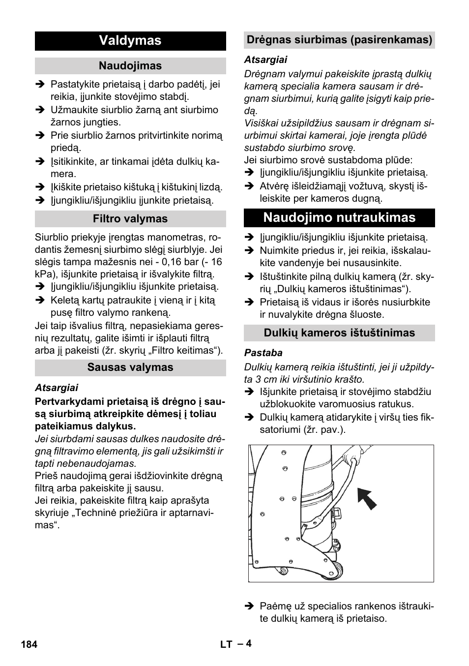 Valdymas, Naudojimas, Filtro valymas | Sausas valymas, Drėgnas siurbimas (pasirenkamas), Naudojimo nutraukimas, Dulkių kameros ištuštinimas | Karcher IV 60-30 User Manual | Page 184 / 196
