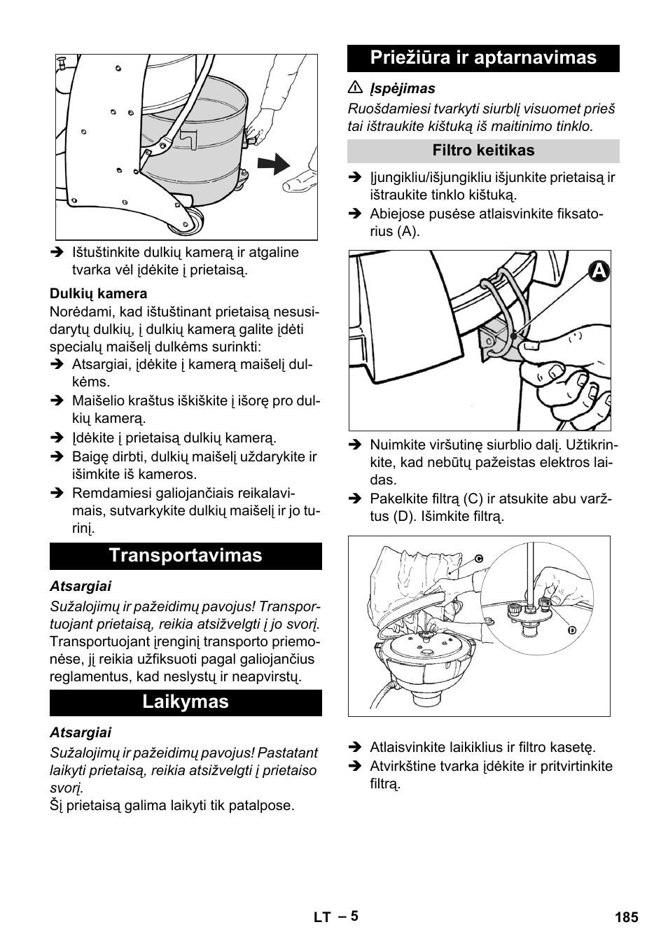 Dulkių kamera, Transportavimas, Laikymas | Priežiūra ir aptarnavimas, Filtro keitikas, Transportavimas laikymas priežiūra ir aptarnavimas | Karcher IV 60-30 User Manual | Page 185 / 196
