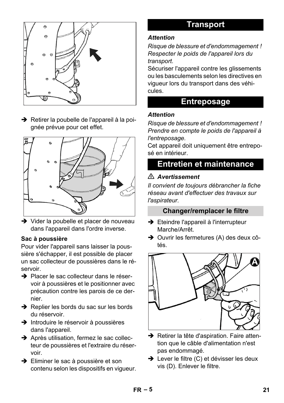 Sac à poussière, Transport, Entreposage | Entretien et maintenance, Changer/remplacer le filtre, Transport entreposage entretien et maintenance | Karcher IV 60-30 User Manual | Page 21 / 196