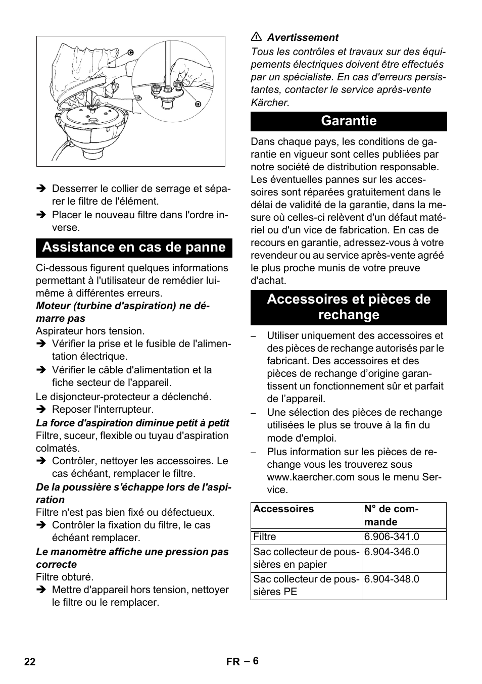 Assistance en cas de panne, Garantie, Accessoires et pièces de rechange | Karcher IV 60-30 User Manual | Page 22 / 196