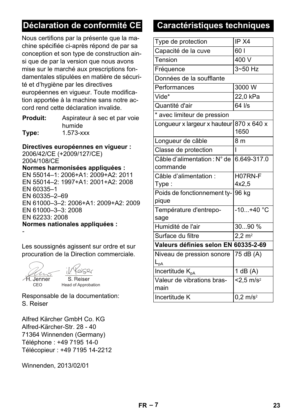 Déclaration de conformité ce, Caractéristiques techniques | Karcher IV 60-30 User Manual | Page 23 / 196