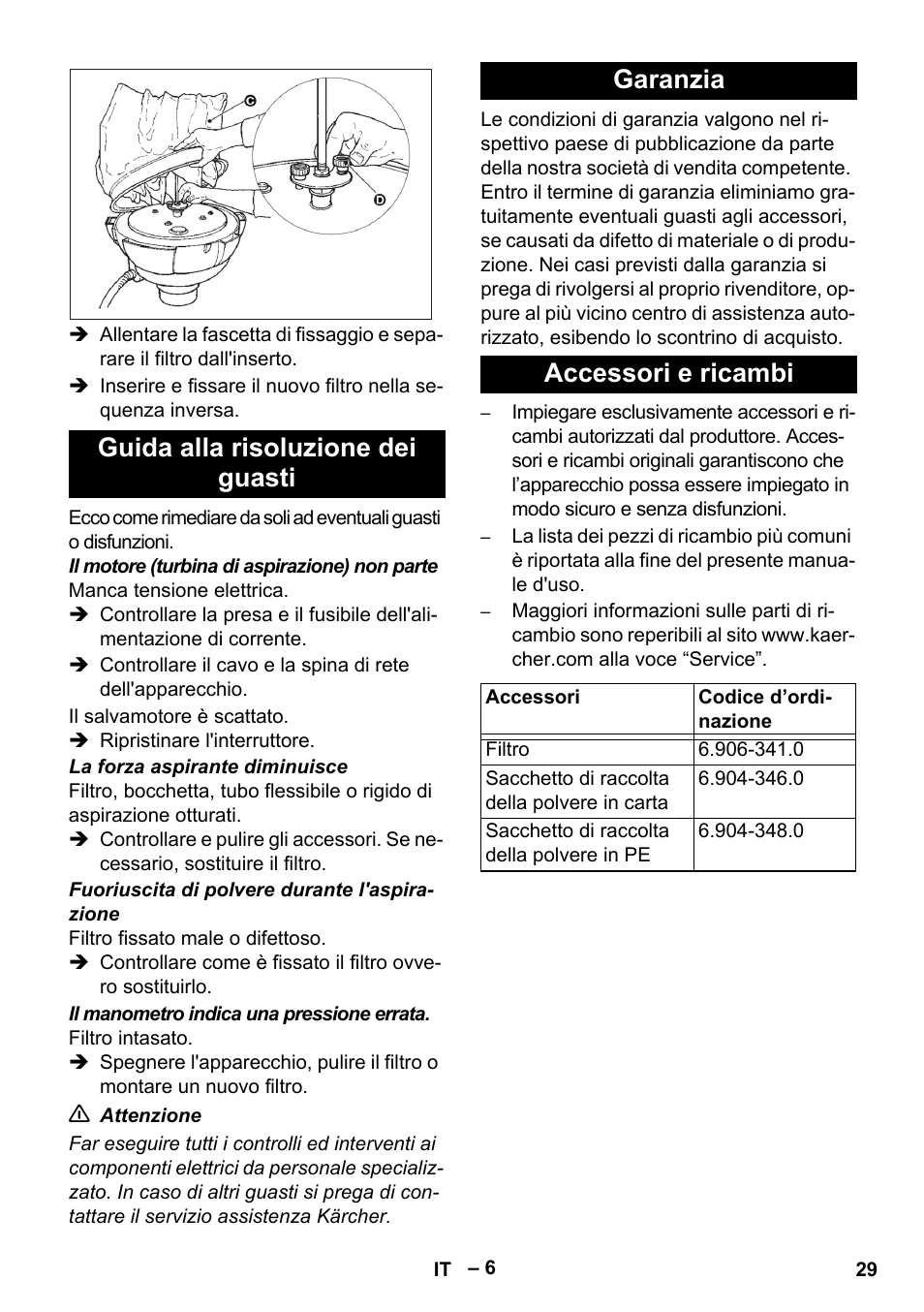 Guida alla risoluzione dei guasti, Garanzia, Accessori e ricambi | Karcher IV 60-30 User Manual | Page 29 / 196