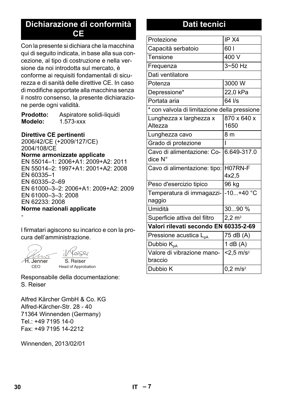 Dichiarazione di conformità ce, Dati tecnici | Karcher IV 60-30 User Manual | Page 30 / 196