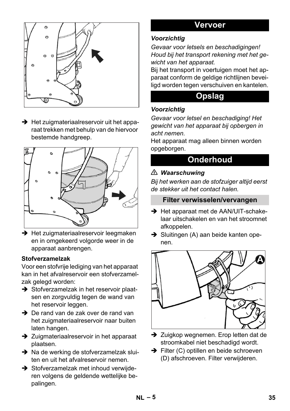 Stofverzamelzak, Vervoer, Opslag | Onderhoud, Filter verwisselen/vervangen, Vervoer opslag onderhoud | Karcher IV 60-30 User Manual | Page 35 / 196