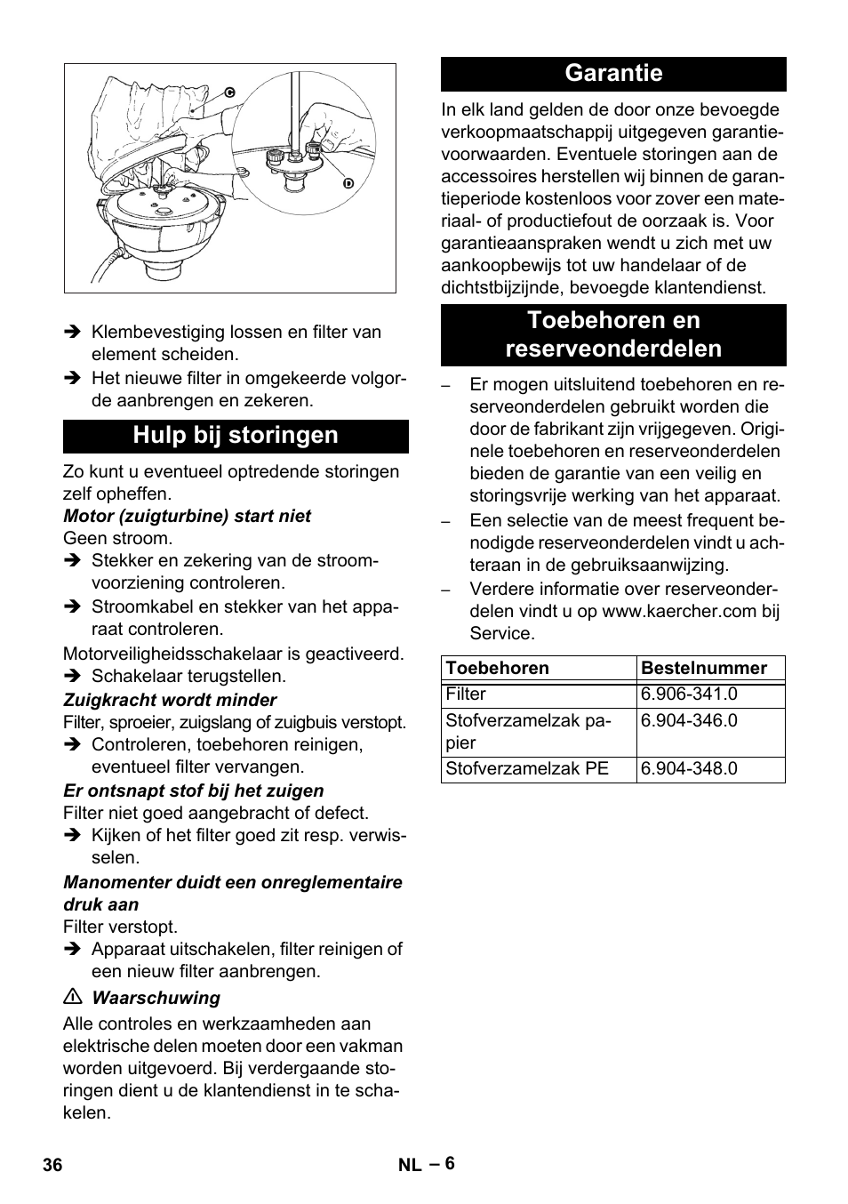 Hulp bij storingen, Garantie, Toebehoren en reserveonderdelen | Karcher IV 60-30 User Manual | Page 36 / 196