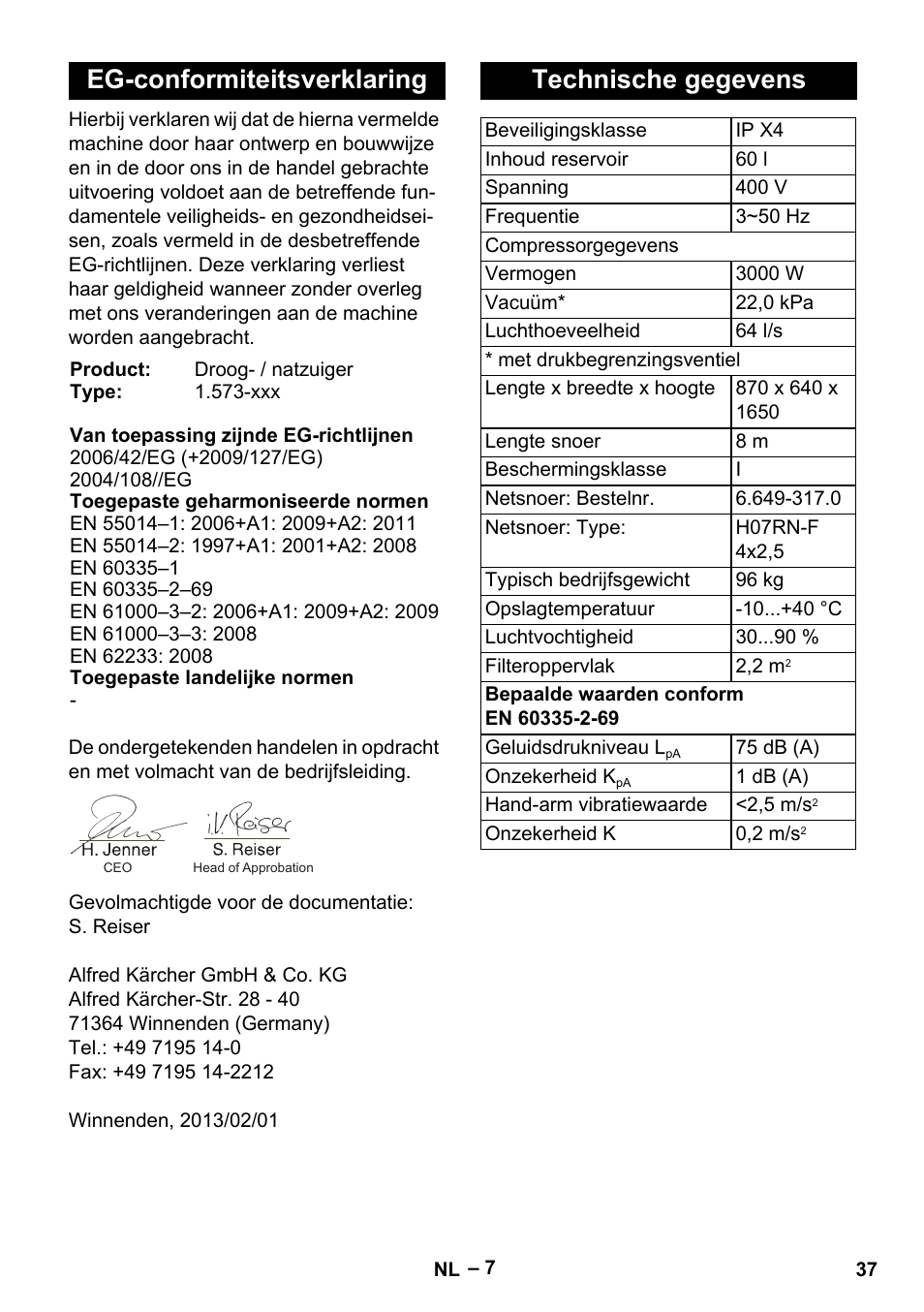 Eg-conformiteitsverklaring, Technische gegevens | Karcher IV 60-30 User Manual | Page 37 / 196