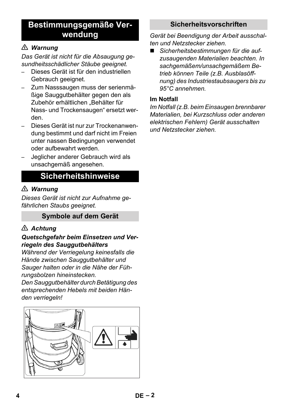 Bestimmungsgemäße verwendung, Sicherheitshinweise, Symbole auf dem gerät | Sicherheitsvorschriften, Im notfall, Bestimmungsgemäße ver- wendung sicherheitshinweise | Karcher IV 60-30 User Manual | Page 4 / 196