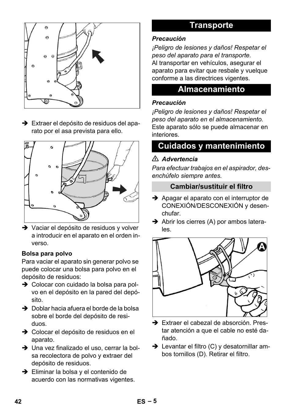 Bolsa para polvo, Transporte, Almacenamiento | Cuidados y mantenimiento, Cambiar/sustituir el filtro, Transporte almacenamiento cuidados y mantenimiento | Karcher IV 60-30 User Manual | Page 42 / 196