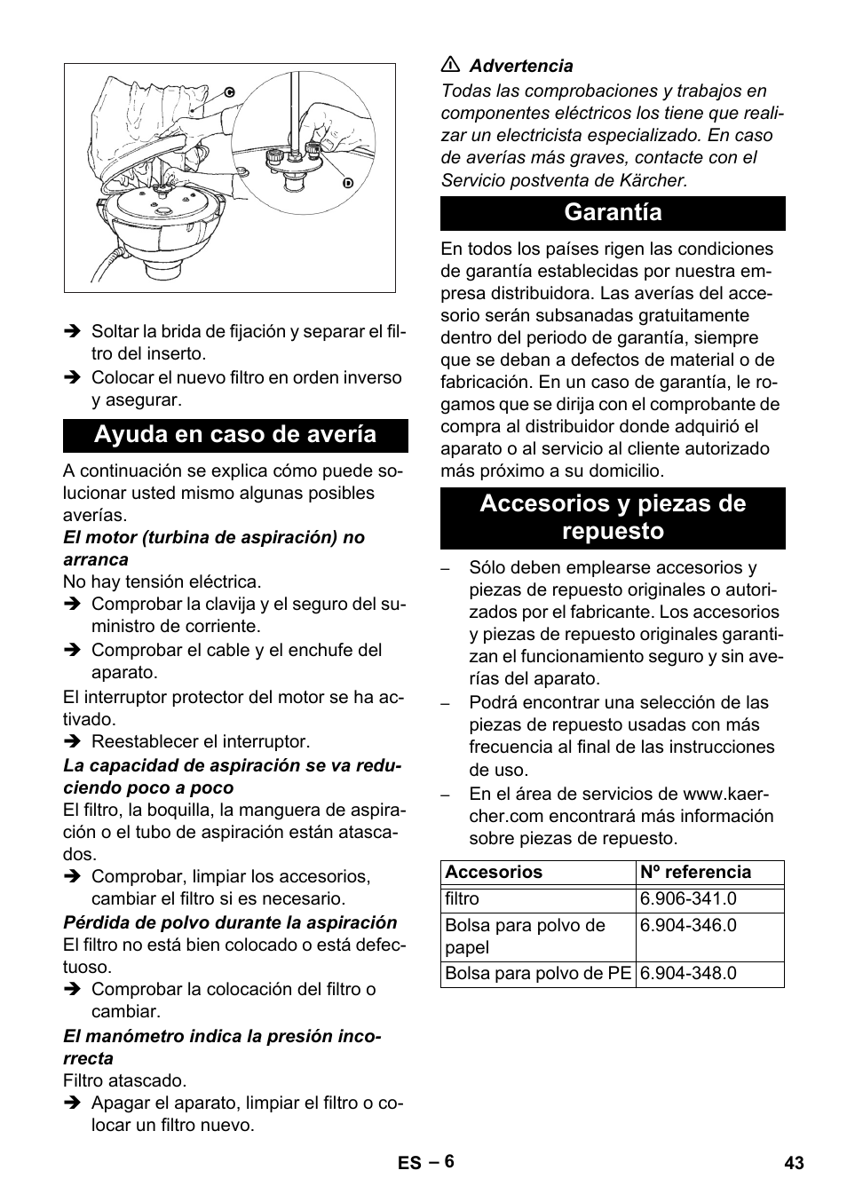 Ayuda en caso de avería, Garantía, Accesorios y piezas de repuesto | Karcher IV 60-30 User Manual | Page 43 / 196
