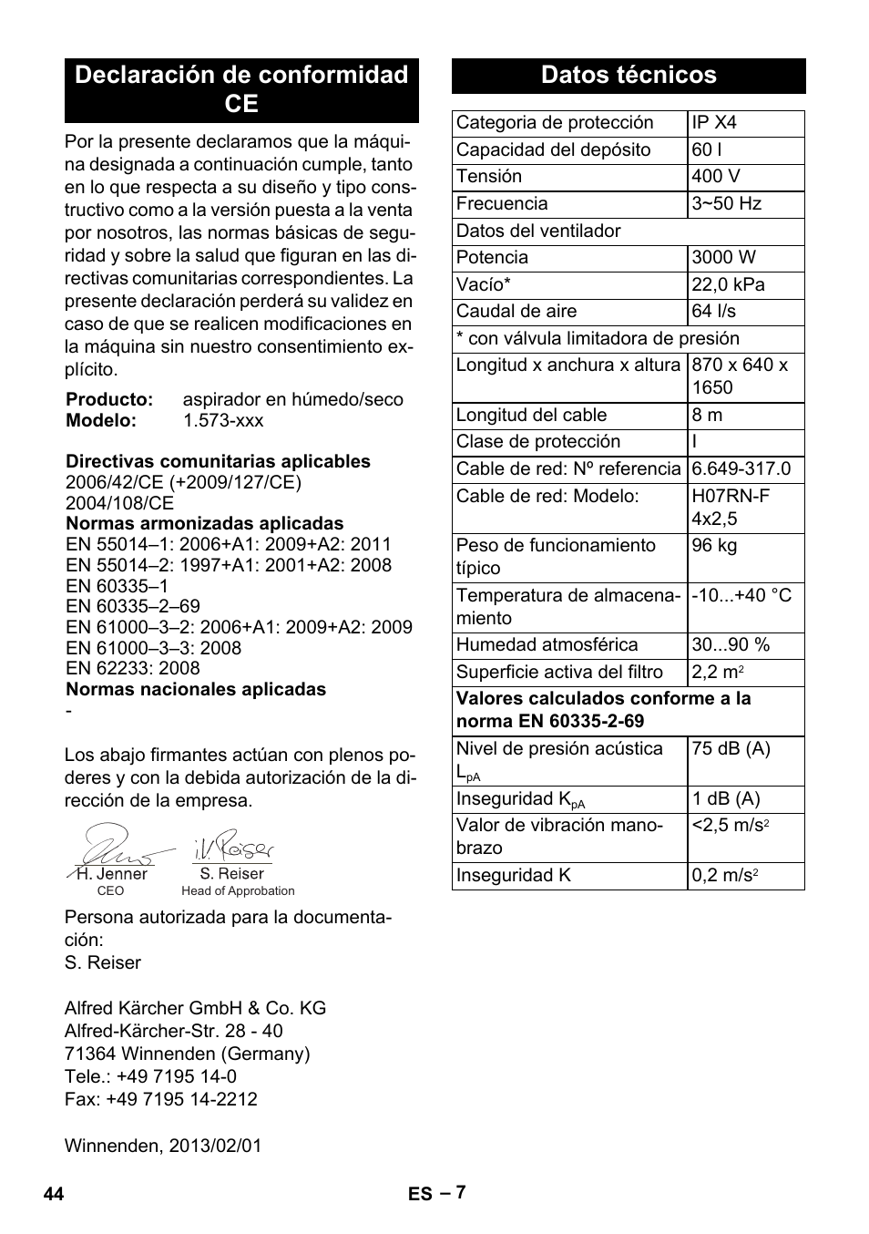 Declaración de conformidad ce, Datos técnicos | Karcher IV 60-30 User Manual | Page 44 / 196