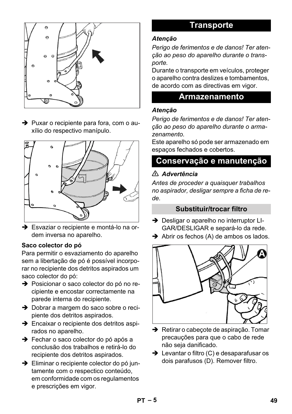 Saco colector do pó, Transporte, Armazenamento | Conservação e manutenção, Substituir/trocar filtro, Transporte armazenamento conservação e manutenção | Karcher IV 60-30 User Manual | Page 49 / 196