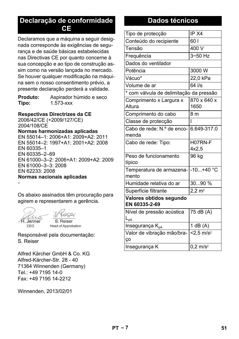 Declaração de conformidade ce, Dados técnicos | Karcher IV 60-30 User Manual | Page 51 / 196