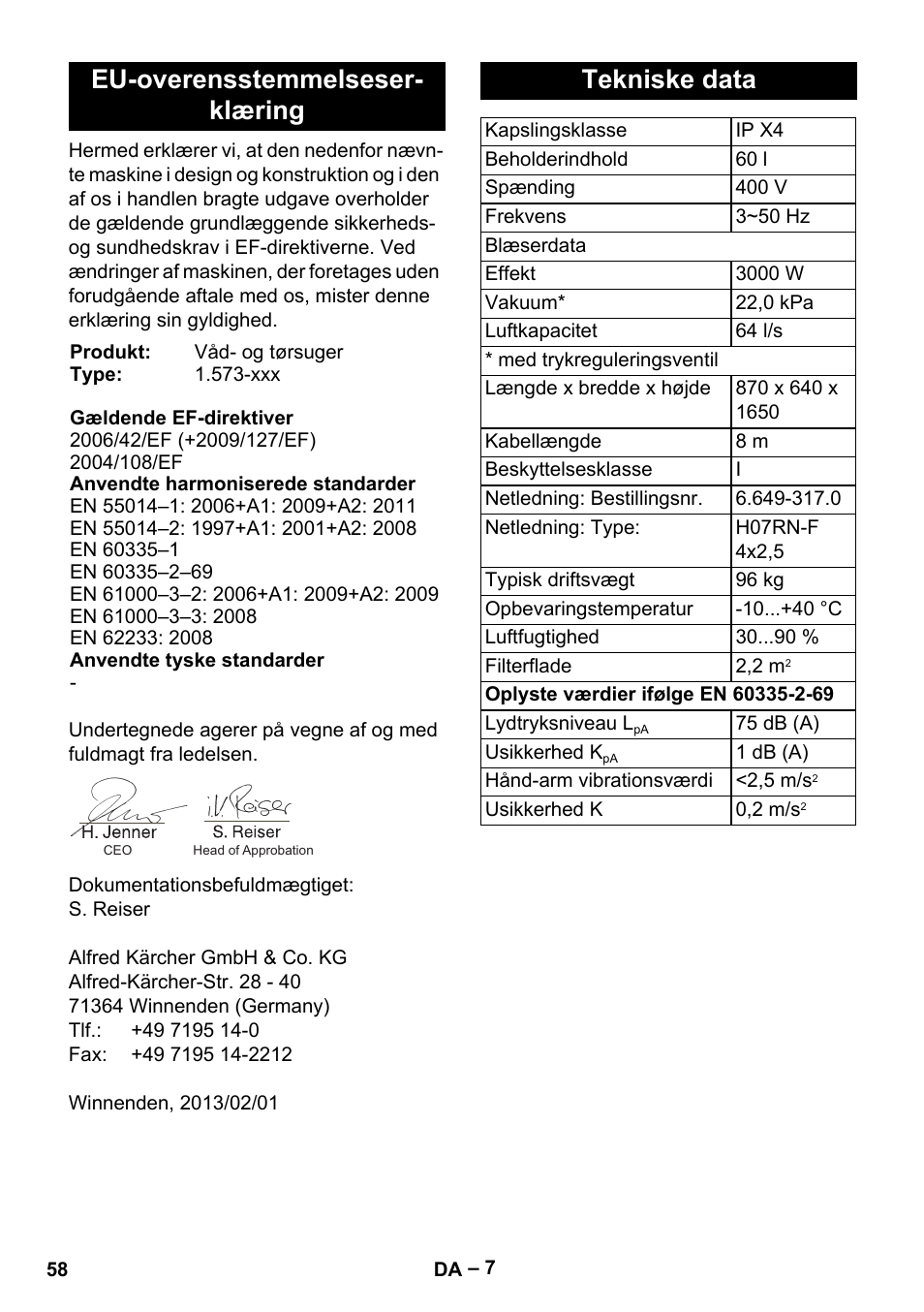 Eu-overensstemmelseserklæring, Tekniske data, Eu-overensstemmelseser- klæring | Karcher IV 60-30 User Manual | Page 58 / 196