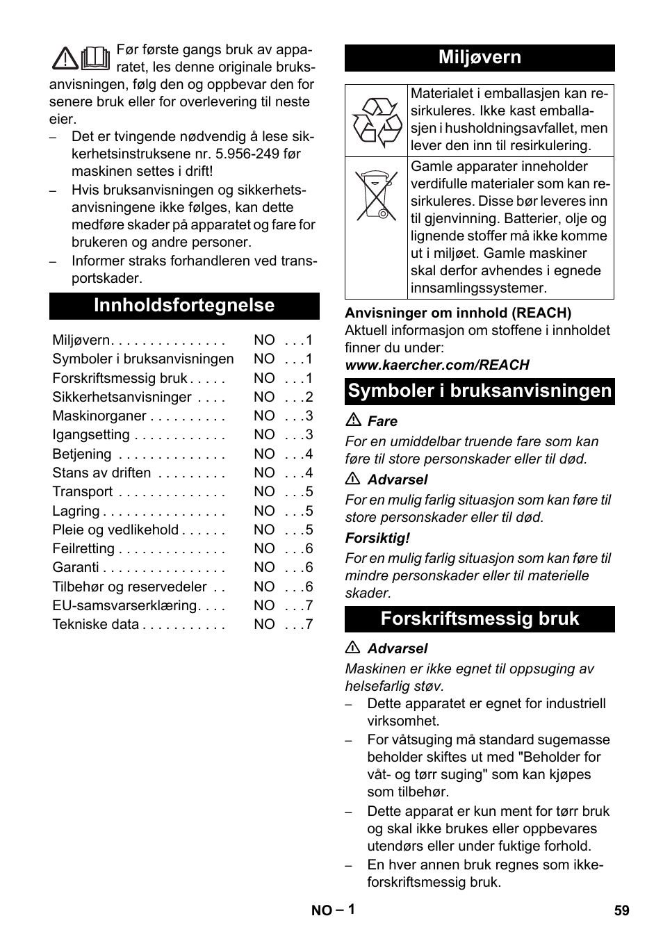 Norsk, Innholdsfortegnelse, Miljøvern | Symboler i bruksanvisningen, Forskriftsmessig bruk, Symboler i bruksanvisningen forskriftsmessig bruk | Karcher IV 60-30 User Manual | Page 59 / 196