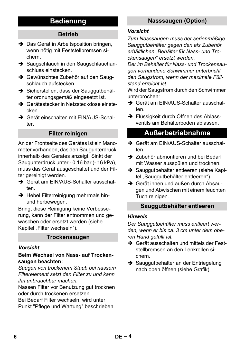 Bedienung, Betrieb, Filter reinigen | Trockensaugen, Nasssaugen (option), Außerbetriebnahme, Sauggutbehälter entleeren | Karcher IV 60-30 User Manual | Page 6 / 196